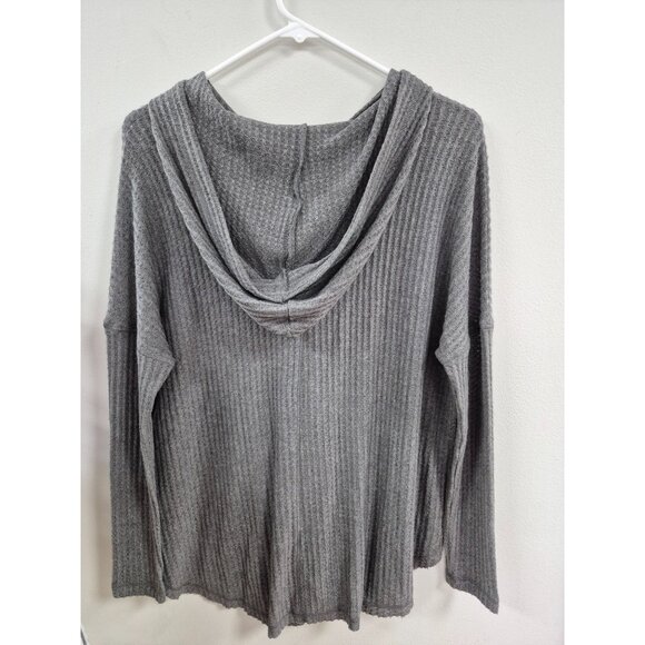 Mai Soli Gray Ribbed Button-Down Hooded Long Sleeve Tie Top Womens S - Picture 5 of 5
